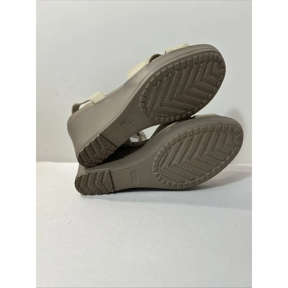 Crocs Women's Sz 6 Leigh II Cross Ankle Strap Wedge Sandals Beige Canvas Comfort